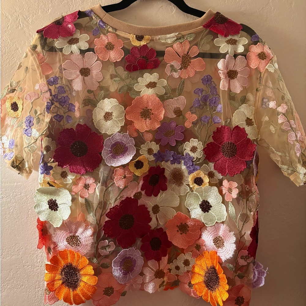 Embroidered Floral Sheer Short-Sleeve Top - Beige with Multicolor Flowers - Picture 3 of 5